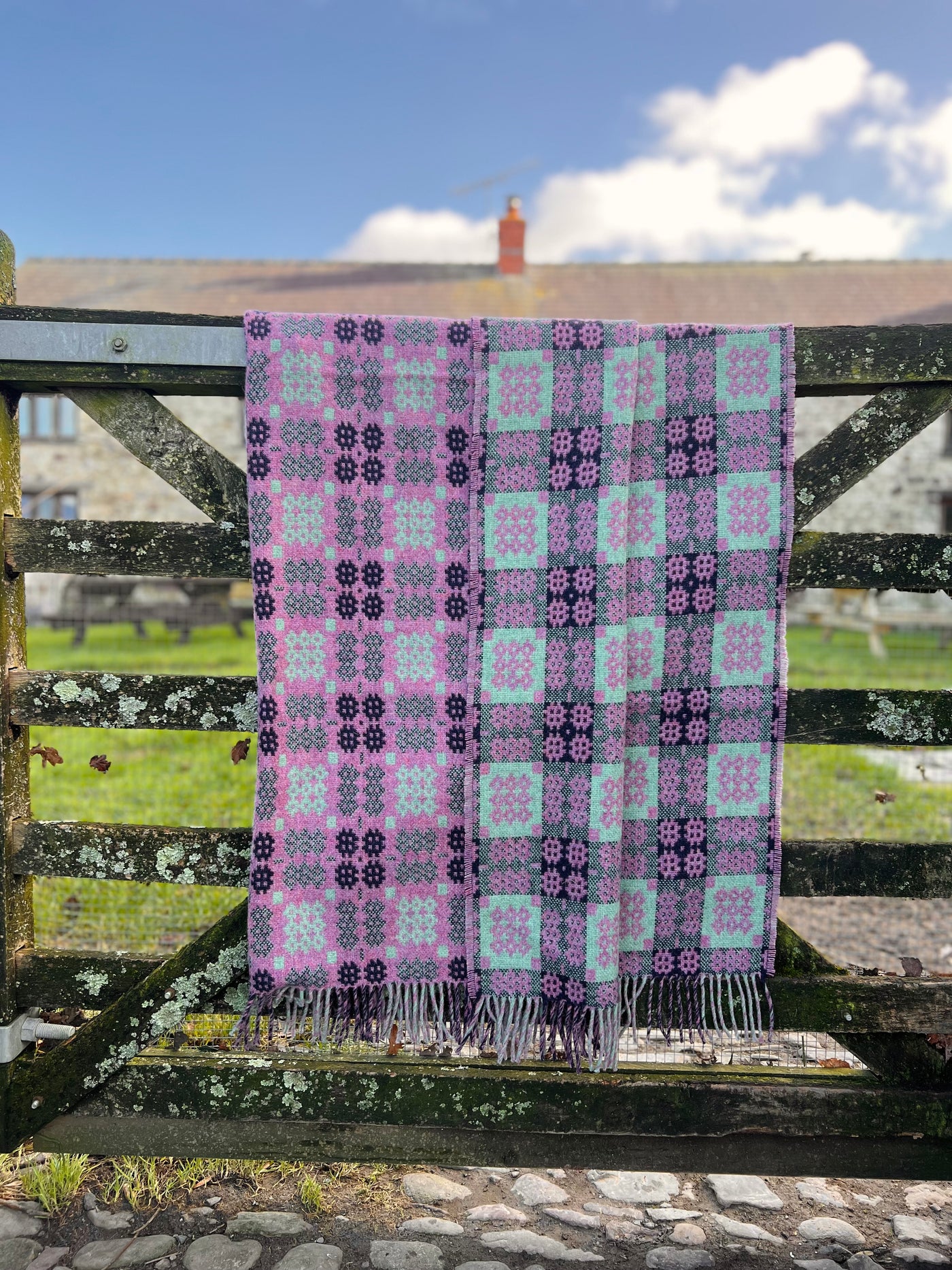 Welsh Tapestry Throw - Pinc, Glas & Du