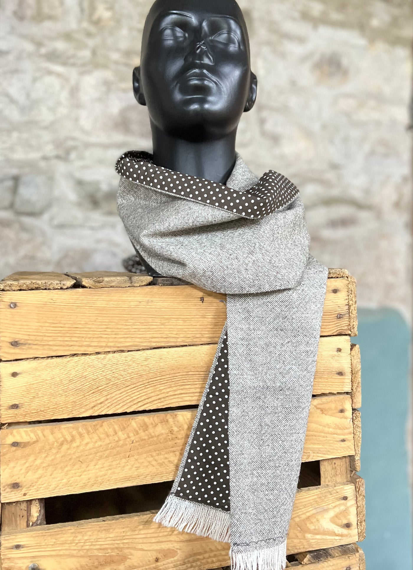 Grey Tweed Scarf with Brown Polka Dot Lining