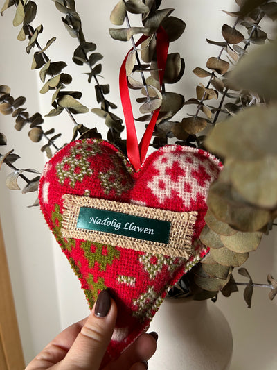 Woollen Red & Green Christmas Heart Decoration