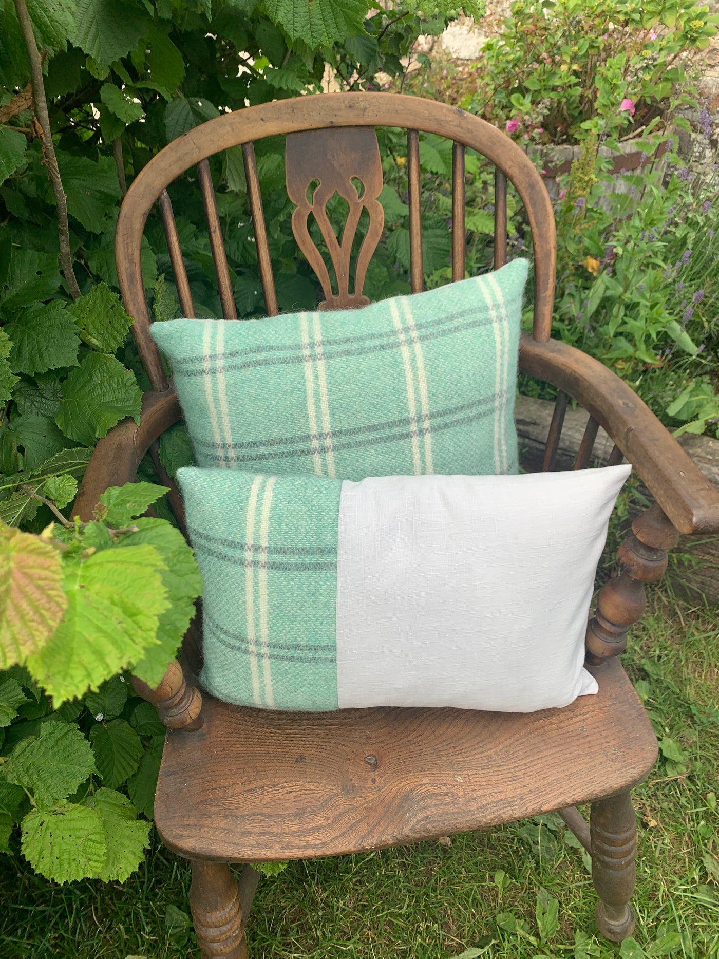 Green pastel wool fabric and Linen Cushion