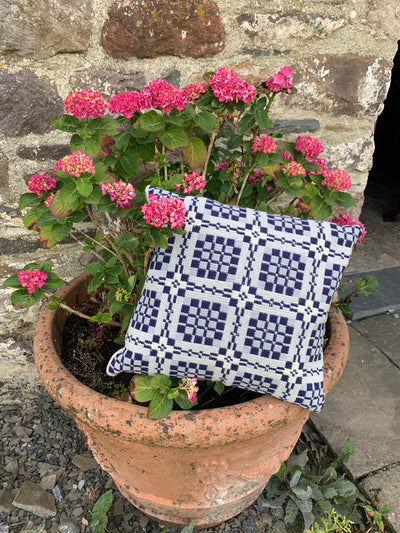 Welsh Tapestry Cushion – Elvet White with Blue Pattern