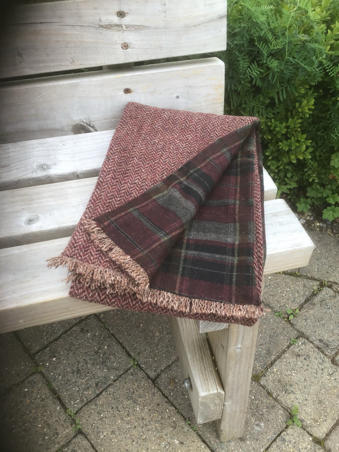 Brown Herringbone Scarf with a Soft  Burgundy Check  Fabric Lining